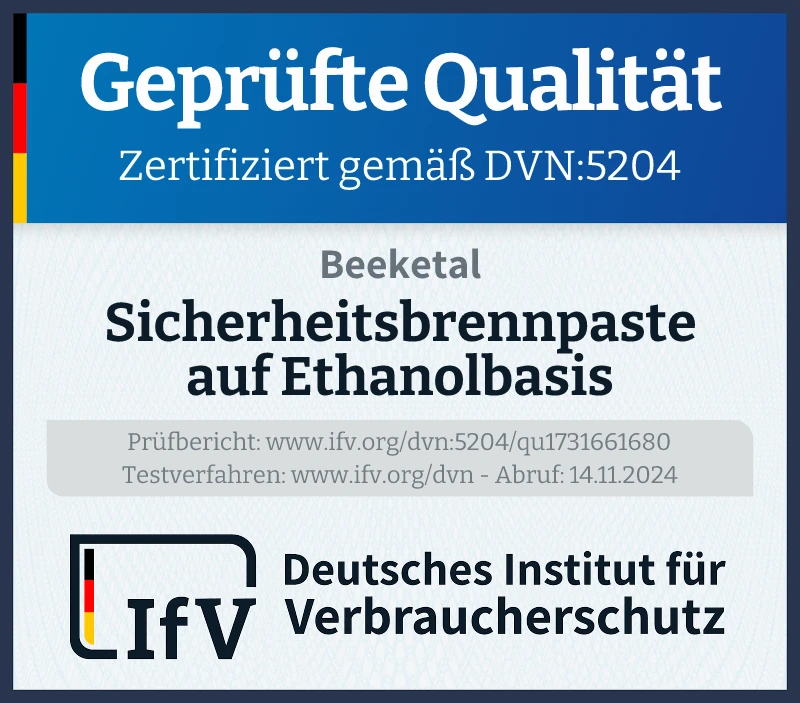 Prüfsiegel Sicherheitsbrennpaste auf Ethanolbasis