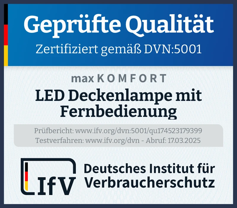 Prüfsiegel LED Deckenlampe mit Fernbedienung