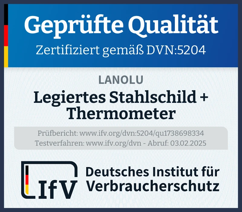 Prüfsiegel Legiertes Stahlschild + Thermometer