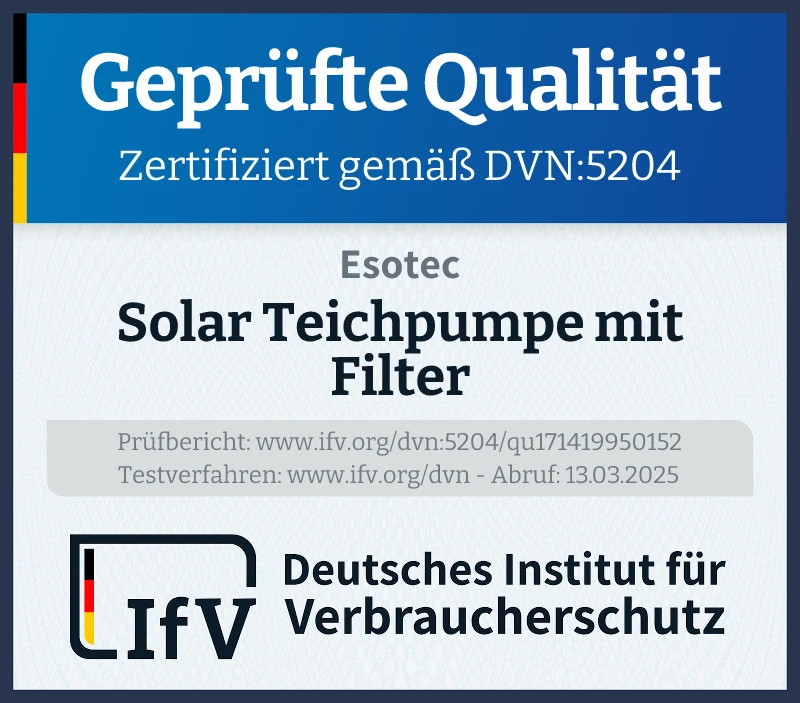 Prüfsiegel Solar Teichpumpe mit Filter