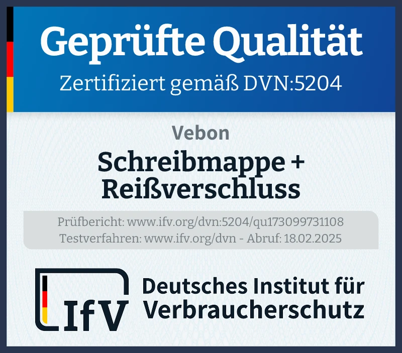 Prüfsiegel Schreibmappe + Reißverschluss