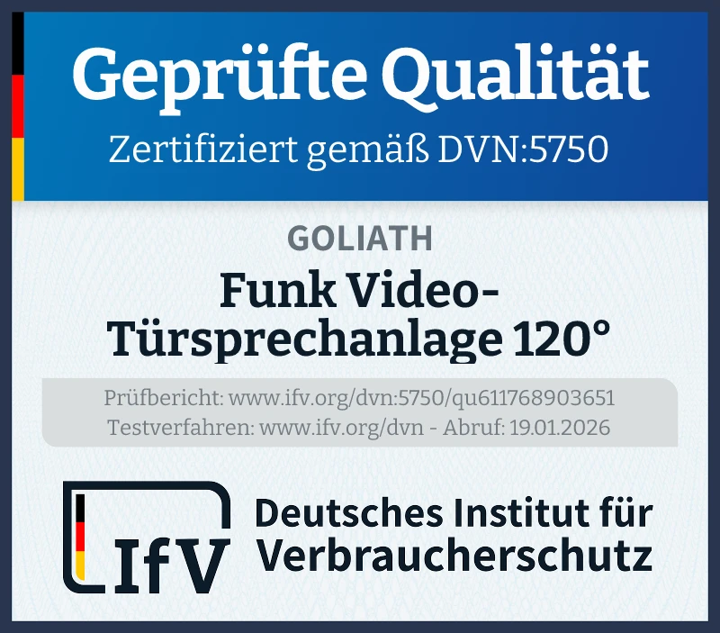 Prüfsiegel Funk Video-Türsprechanlage 120° Winkel