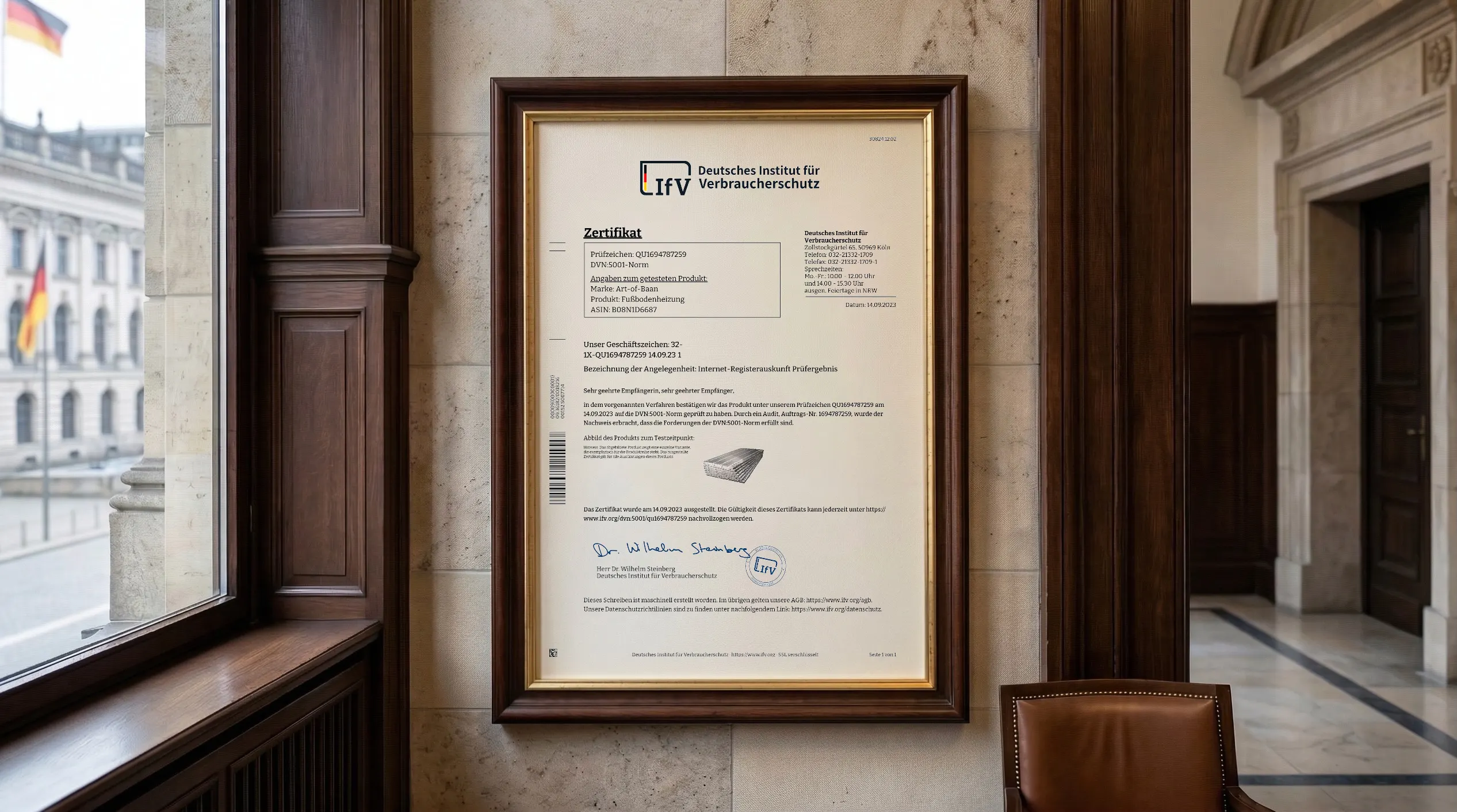 Veröffentlichter Zertifikatsnachweis für Fußbodenheizung (QU1694787259) von Art-of-Baan Handels GmbH