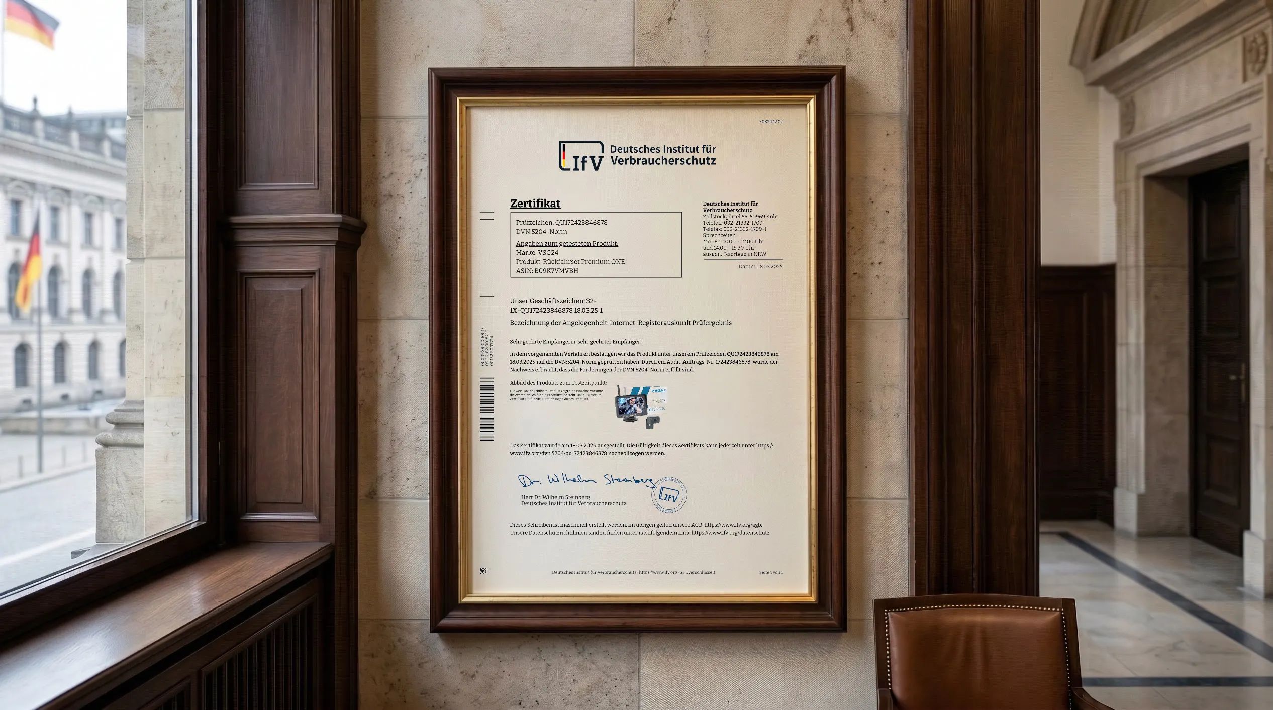Veröffentlichter Zertifikatsnachweis für Rückfahrset Premium ONE (QU172423846878) von Vega Solutions GmbH