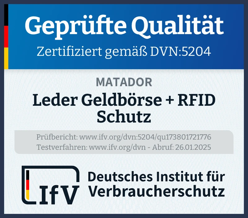 Prüfsiegel Leder Geldbörse + RFID Schutz
