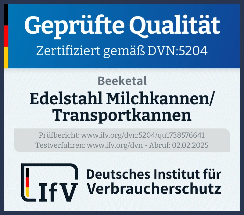 Prüfsiegel Edelstahl Milchkannen/Transportkannen